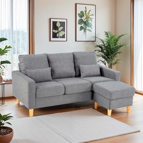 Hroth Sofa 3 Seater,Fabric Sofa with Ottoman and 2 Throw Pillow，3 Seater Sofa for Living Room，Comfortable and Soft Grey Sofa