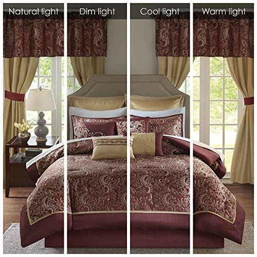 Image of Madison Park Essentials Brystol 24 Piece Room in a Bag Faux Silk Comforter Jacquard Paisley Design Matching Curtains Down Alternative All Season Bedding-Set, Cal King(104 inchx92 inch), Red | Matching Curtains Room in a Bag, Down Alternative Bedding Set, All Season, Machine Washable, Wrinkle Resistant, Ultra Soft