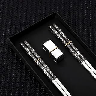 Stainless Steel Chopsticks Reusable Titanium Plated Metal Chopsticks with Holder Premium Japanese Gift Set Dishwasher Safe (2 Pairs with Holder - Black)