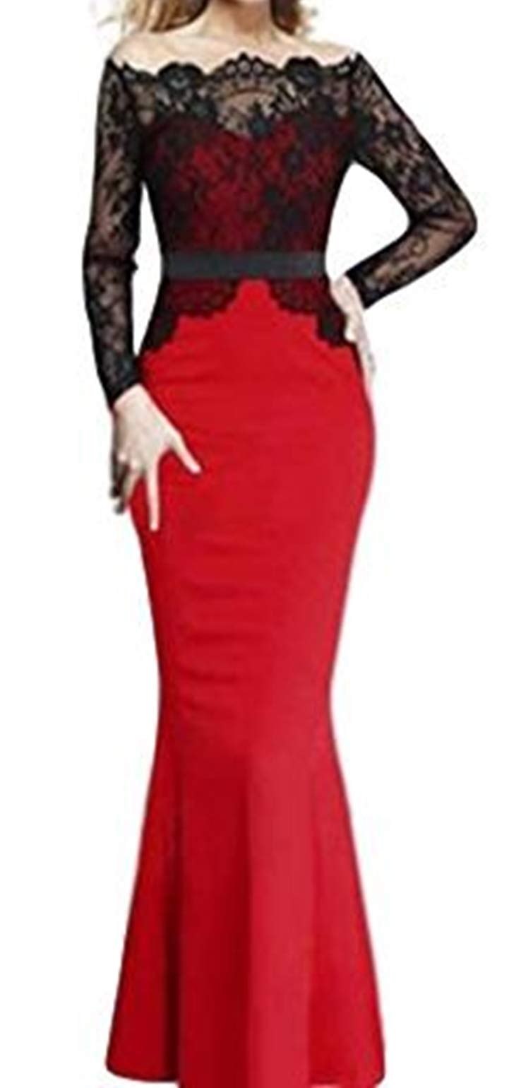 Women Lace Stitching Long-Sleeved Maxi Cocktail Party Evening Formal Gown Slim Fishtail Dress (US 10-12, Red)