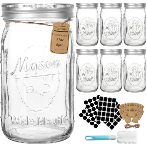 CycleMore 32oz Mason Jars, 6 Pack Large Glass Mason Jar with Metal Airtight Lids and Bands, Wide Mouth Glass Jars, 1 Quart Canning Jars for Pickling, Fermenting, Food Storage & DIY Projects