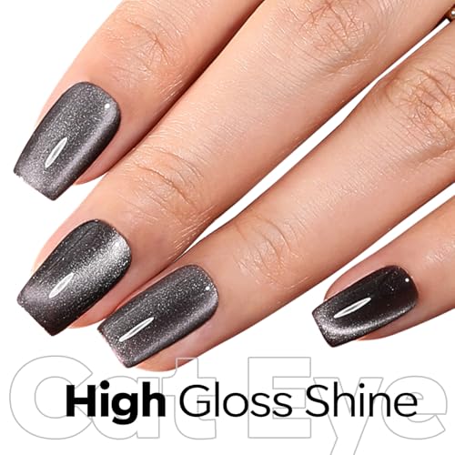 Image of modelones Black Cat Eye Gel Nail Polish Silk Glass Shimmer Black Nail Polish Holographic Glitter Magnetic Polish with Magnet Soak Off Led 15 ML