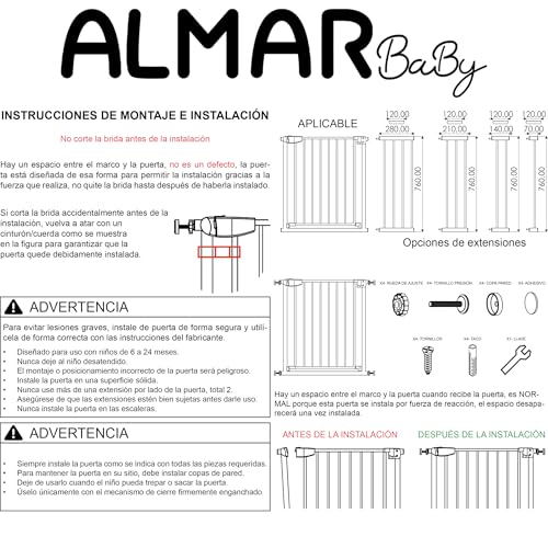 ALMAR Baby Sicherheitsgitter 61-68 cm weiß | Einfache Montage ohne Bohren für Türen, Flure oder Treppen für Kinder oder Haustiere | Weißer Zaun mit selbstschließendem System