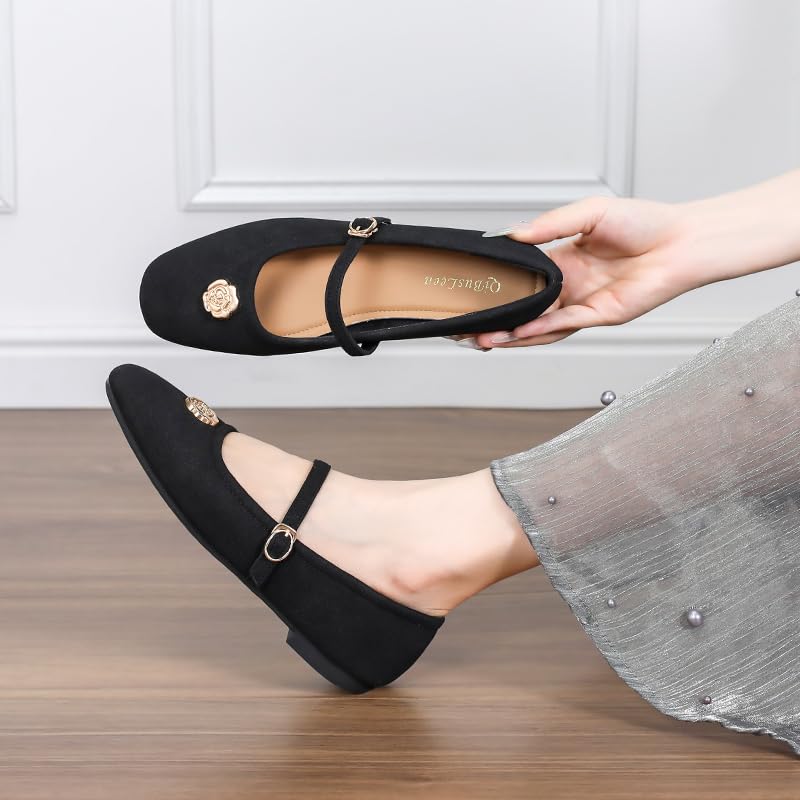 Closed Square Toe Flat Mary Jane Shoes for Women Daily Dress Faux Suede Flats with Gold Flower Womens Casual Soft Walking Office Slip On Ballerina Shoes2