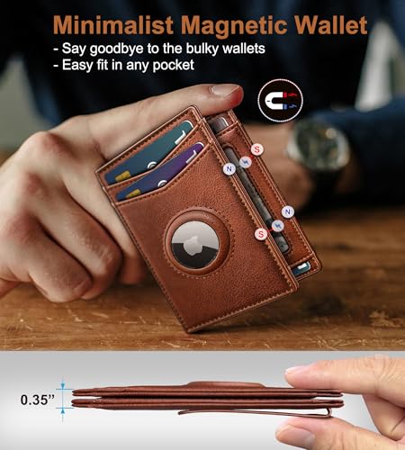 Airtag Wallet for Men- with Money Clip Gift Boxed, Magnetic Closure Slim Genuine Leather Front Pocket Wallet, 3.9"x 2.7", RFID Blocking4