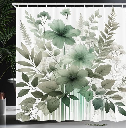 Ambesonne Sage Green Shower Curtain, Nostalgia Tones Delicate Petal Flowers Jumble and Leaves with Stripes, Cloth Fabric Bathroom Decor Set with Hooks, 69" W x 70" L, Grey Teal Cadet Blue