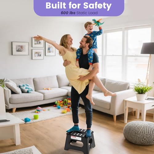 Image of HBTower Folding Step Stool 9 Inch - Holds 600 lb, Non-Slip Surface & Carry Handle - Sturdy Step Stool for Kids, Toddlers & Adults - Compact Foldable Foot Stool for Kitchen, Bathroom, Bedroom(2pcs)