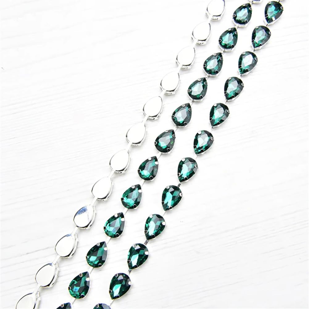 Frędzle z kryształkami, Ozdobne frędzle z kryształu górskiego 10x14 mm Szklany metalowy łańcuszek w kształcie kropli wody przyszyty wielokolorowy 1 jard 50 cm(Blue Zircon,50cm)