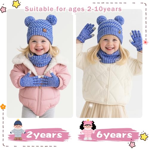 Image of Kids Winter Hat Gloves Scarf Set,Toddler Girls Winter Hat Kids Beanie with Pom Neck Warmer Gaiter Mittens Fleece Lined Set