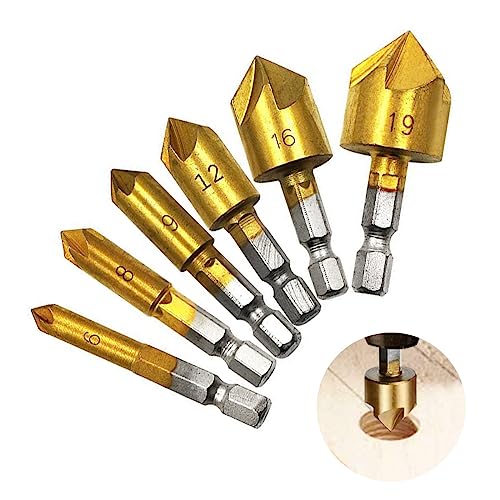 6Pcs Hss Countersink Drill Bit Set with 5 Flute 82 Degree Center Countersink Bits 1/4 Hex Shank Chamfering Drill Bits for Wood Quick Change Bit 6mm-19mm