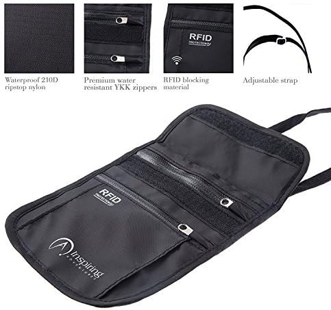 Inspiring Adventures Travel Neck Wallet - RFID Blocking Security - Water Resistant Hidden Neck Stash - Passport Holder & Money Pouch (Small) with Adjustable Strap by Inspiring Adventures