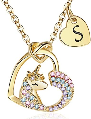 Unicorns Gifts for Girls, 14K Gold/White Gold/Rose Rainbow Unicorn Necklace for Girls Initial Unicorn Jewelry for Kids Birthday Gifts for Girls Colorful CZ Jewelry Christmas Unicorn Gifts for Girls