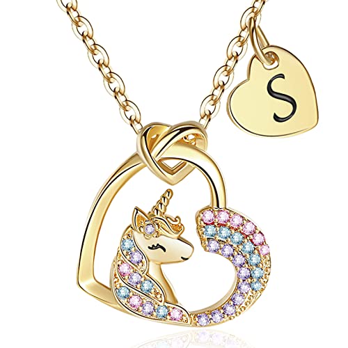 Collar de unicornio de oro de 14k con colgante de corazón y circonitas finas para niñas