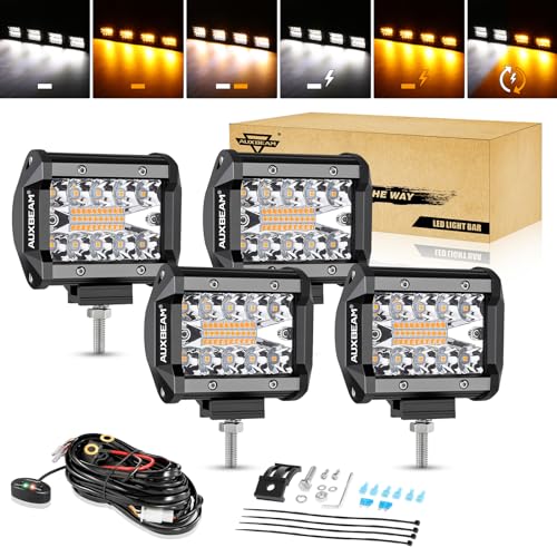 Auxbeam 4 Inch 240W LED Pods, Amber White Fog Light 6 Modes Strobe Lights for Work Truck, Dual Color Combo Offroad Driving Light for Jeep ATV Utv Car, 4 Packs