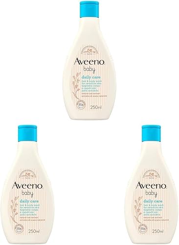 Aveeno Baby Daily Care Bagnetto Corpo e Capelli 3x250 ml, Bagnoschiuma bambini per una detersione delicata della pelle sensibile, Bagnoschiuma neonato e shampoo bambini con Avena