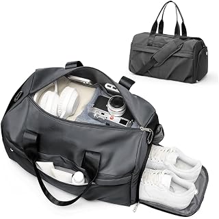 Gym Bag for Women Men with Shoe Compartment, Sport Duffel Bag, Waterproof Travel Weekender Overnight Carry on Bag for Yoga with Trolley Sleeve, Grey