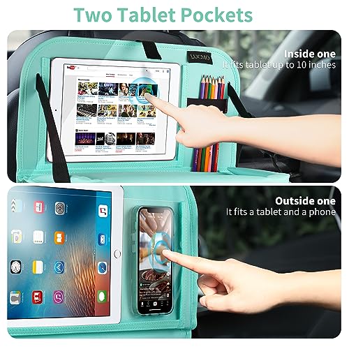 Image of LUCMO Car Backseat Organizer with Foldable Tablet Holder, Light Blue | 2 Pcs,6 Storage Pockets,Foldable Food Tray,Protectors Kick Mats,Travel Accessories,Seat Cover,Road Trip Essentials
