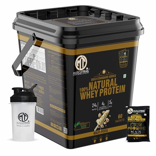Image of MuscleTrail Gold St&ard Series,60 Pouches,Low Carb & Fat,24 grams Natural Whey Protein Powder,Shaker Inside (1.86Kg,Kulfi Pista)