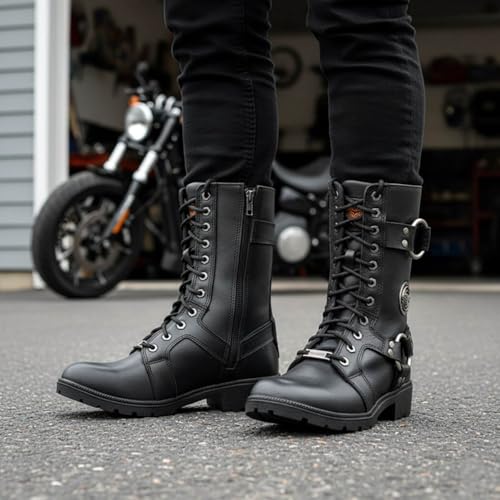 Image of Milwaukee Leather Women's Premium Leather Motorcycle Riding Boots - Lace-To-Toe Harness - Zipper Closure - MBL9391-7.5