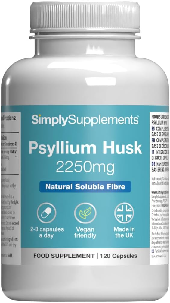 Pure Psyllium Husk 2250mg Capsules | Supports Digestive Health & Fibre Intake | 120 Capsules = 40 Days Supply | Manufactured in The UK in Accordance with GMP Standards