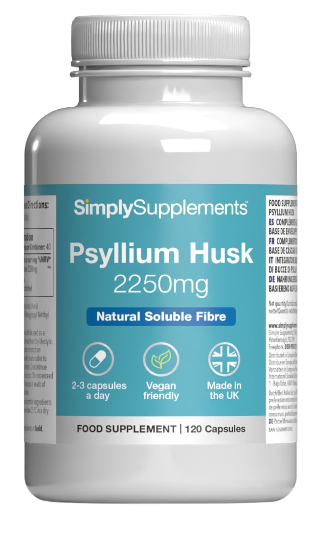 Pure Psyllium Husk 2250mg Capsules | Supports Digestive Health & Fibre Intake | 120 Capsules = 40 Days Supply | Manufactured in The UK in Accordance with GMP Standards