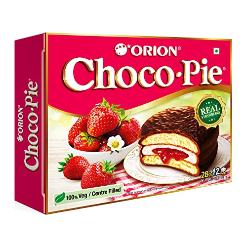 ORION Strawberry Choco Pie (12 Pies)| Centre-Filled Chocolate Biscuit, 1 Count