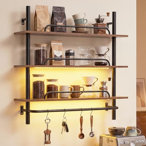 COSTWAY 3-Tier Floating Shelves for Wall Industrial Pipe Shelving with LED Light 4 S-Shaped Hooks Wall Mounted Spice Rack Hanging Display Rack for Kitchen Living Room (with Remote & APP Control)