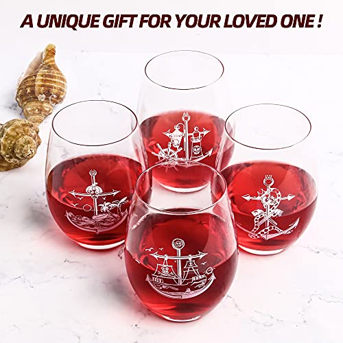 Hakeemi Nautical Stemless Wine Glasses Set Of 4, 15 Oz Pirate Wine Glasses Gift, Crystal #TOP4