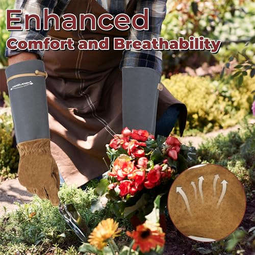 Image of HANDLANDY Rose Pruning Gloves for Men Women, Thorn Proof Gardening Gloves | Long Leather Gardening Gloves, Breathable Leather Gauntlet, Best Garden Gifts & Tools for Gardener (Steel Gray, M)