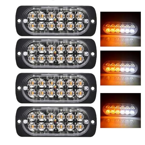 HRISGF Led Strobe Lights Super Bright 12 LEDs Car Truck Slim Flash Light Bar Car Vehicle Emergency Warning Strobe Lamps (4pcs-12LED-white yellow)