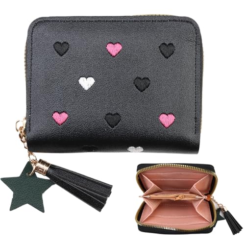 Portafoglio con cerniera e nappe portamonete carino sottile piccolo per bambini con cuori ricamati per ragazze adolescenti donne regalo corto nero pelle