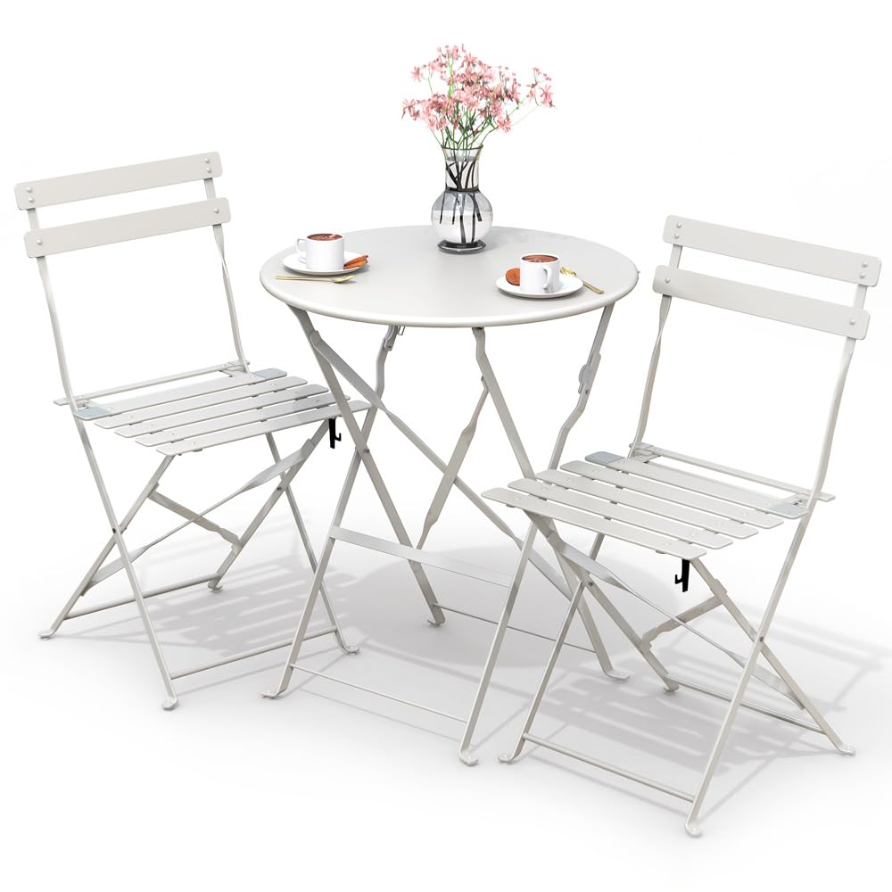 VOUNOT Conjunto de Muebles de Jardín Plegable 3 Piezas, Set de Bistro con Marco de Acero Resistente y Respaldo, Juego de 1 Mesa Redonda y 2 Sillas Terraza, para Balcón, Jardín, Patio, Exterior, Blanco