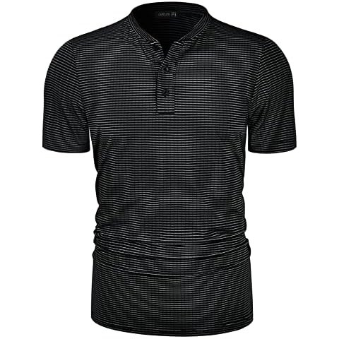 TAPULCO Collarless Golf Shirts for Men Quick Dry Color Block Breathable Soft Athletic Casual Daily T-Shirts, Striped Short Sleeve - Black, XXL Cover