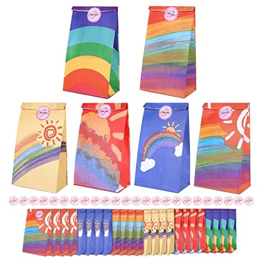 Romon Bolsitas para Regalos, 24 PCS Bolsas de Papel Kraft Arco Iris Bolsas Cumpleaños Infantil con 24 Pegatinas para Envolver Regalos, Regalos, Fiesta, Celebración, Boda, 1 item