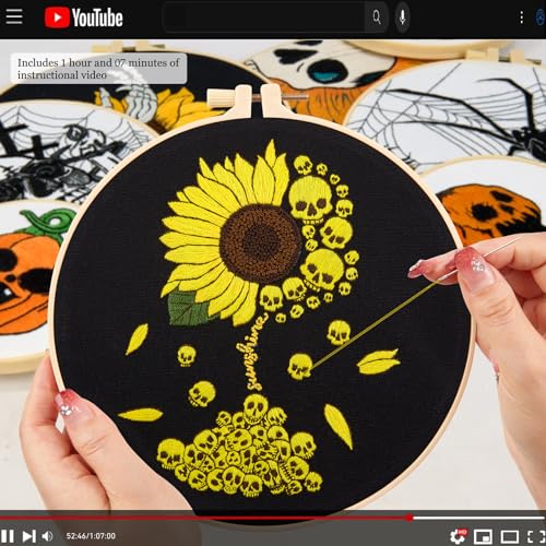 Image of Halloween Gothic Embroidery Kits for Beginners Adults, Skull Hand Embroidery Needlepoint Kits, Sunflower Stamped Cross Stitch Kits for Beginners Adult, 3 Set Embroidery Hoops (Attached Video Tutorial)
