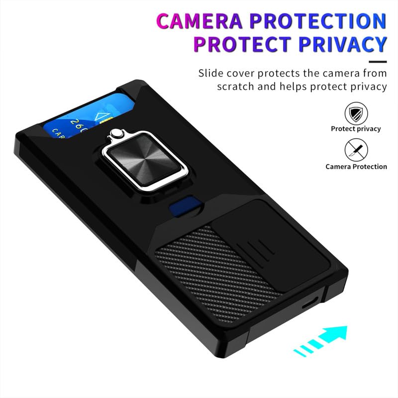 Image of LuxuryKase Shockproof Armor Case for Samsung Galaxy S24 Ultra | Slide Camera Cover | Hidden Card Slot | Rotating Ring Kickstand | Magnetic Car Mount Support | Military Grade Protection - Black