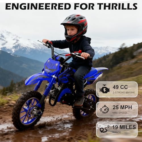 Image of 50cc Dirt Bike, 2 Stroke Gas Mini Bike for Kids 8-14 with Front Rear Disc Brakes, 10 Inch Off-Road Tires, Shock Absorption, Seat Height 23.6in, Max Speed 40mph, 2026 Upgraded (Blue)