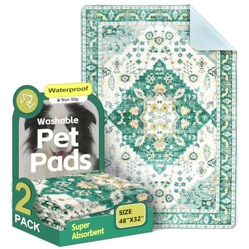 Image of Washable Pee Pads for Dogs, 2 Pack Reusable Puppy Training Pads 48 inchx32 inch Super Absorbent Waterproof Dog Training Pads, Non-Slip Potty Pads, Whelping Pads Litter Mat Green Medallion