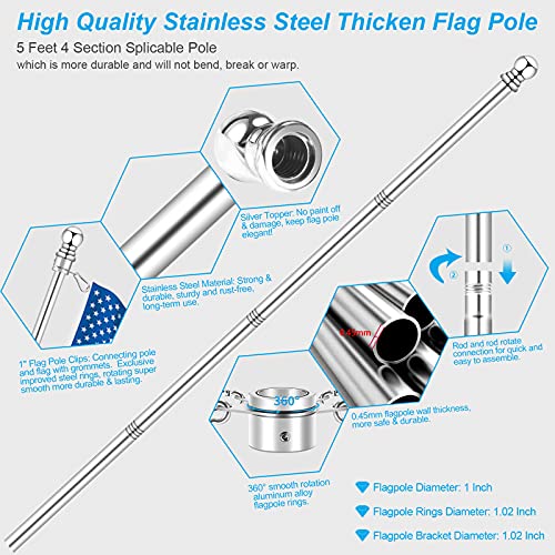 Upgraded Flag Pole Kit W/ 2-Position Bracket Holder & W/Spinning Rings - 5Ft To 6Ft 1" Metal Flagpole Kit For 3X5 & 4X6 American Flag - Yard House Wall Mount Flag Pole For Residential (5 Ft, Silver) #TOP3