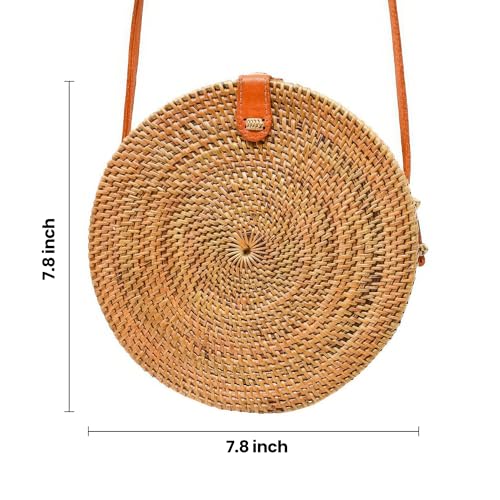 Image of Handwoven Round Rattan Purse Crossbody - Straw Basket Wicker Bag for Women - Circle Summer Handbag