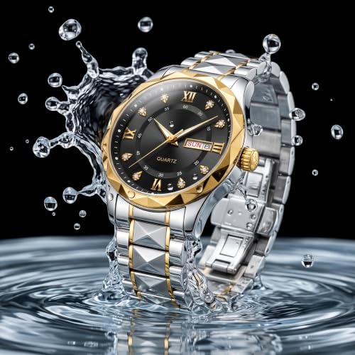 Image of GOLDENIZE FASHION Luxury Analog Roman Numeral Date Display Diamond Pattern Classics Stainless Steel Wrist Watch for Men