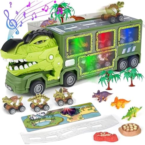 Dinosaur Truck Toy for Kids - 15 in 1 Dinosaur Toy Set for Boys, with 5 Pull Back Dinosaur Cars and 3 Dinosaur Figures, Dinosaur Truck Toy with Music and Lights Cover