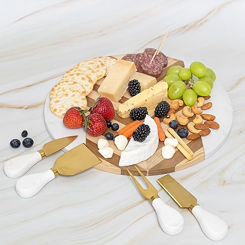 White Marble & Acacia Wood Cheese Board – Beautifully Handcrafted Round Slab Charcuterie Serving Tray for Meats Fruits & Crackers - Versatile & Wonderful Housewarming Kitchen Gift - Wooden Accent