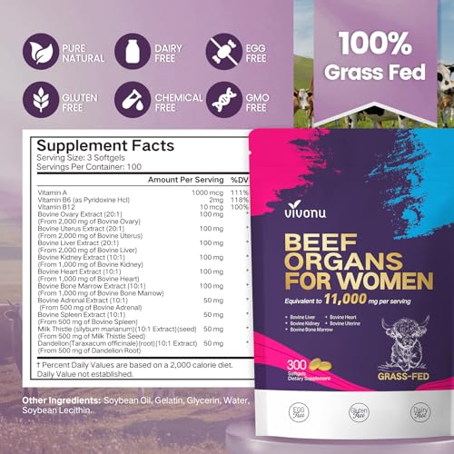 Image of VivoNu Beef Organ Supplement for Women, 400 Day Supply, 11000mg per Serving Beef Organs with Bovine Liver, Ovary, Uterus, Kidney, Heart, Bone & More, 100% Grass Fed, Balance Hormones, Energy