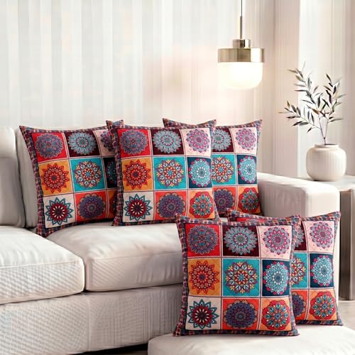Image of Nendle Printed Holland Velvet Cushion Covers Set of 5, 16 x 16 Inches (40 x 40 cm), Decorative Sofa Cushion Cover with Zipper Closure, Floral Geometric Abstract Bohemian Designs, Multicolor