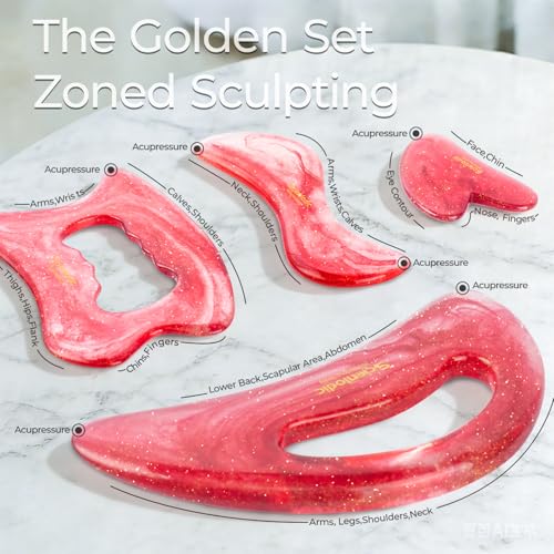 Image of Scienlodic 4 Pcs Gua Sha Massage Tools for Face & Body (Red, Resin) - Guasha Scraping Tool for Jawline Contouring, Puffiness Reduction, Neck, Back, Legs & Muscle Relaxation