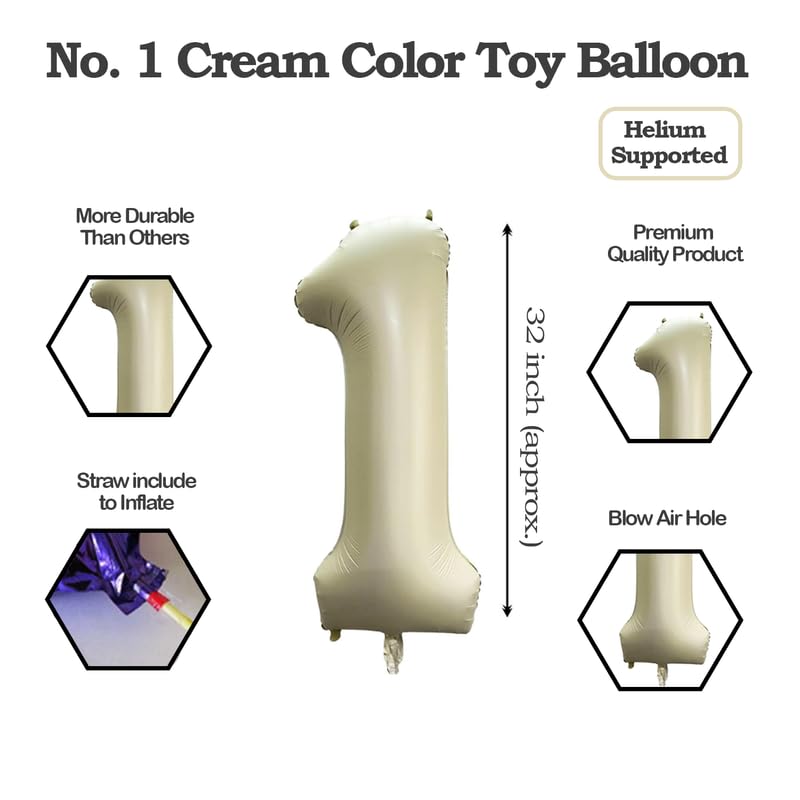 Image of Cream Color 32 Inch Number 1 Helium Foil Balloon for Birthday Decoration Items | Anniversary Decoration Items | Pack of 14