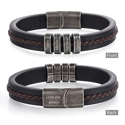 Jeweidea Personalized Leather Bracelet with Name Beads, Custom Braided Bangle Father's Day Engraved Jewelry Gifts for Men Dad Him Husband2