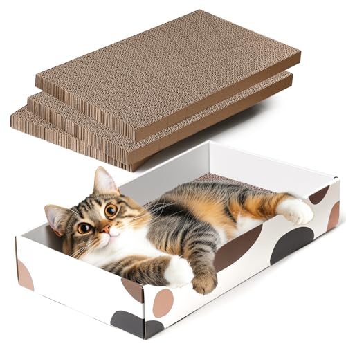 ComSaf Cat Scratcher Cardboard Indoor - 17x10 Cat Refill Box with 3 Pcs Scratching Board Reversable Long Lasting Clawing Pad for Cats Corrugate Scratchers Bed Sofa Couch Furniture Wall Protector
