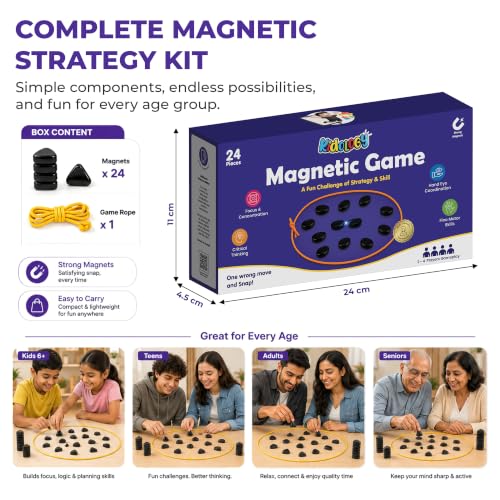 Image of Kidology Magnetic Chess Game for Kids & Adults | Magnetic Stones Strategy Board Game with Rope Boundary | Brain Teaser Logic Puzzle | Family Party & Travel Game | Gift for Boys & Girls (Black)